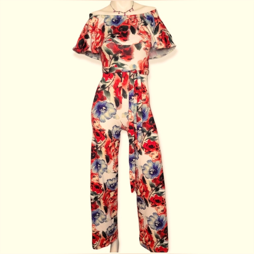 Minette Floral Off Shoulder Belted Jumpsuit